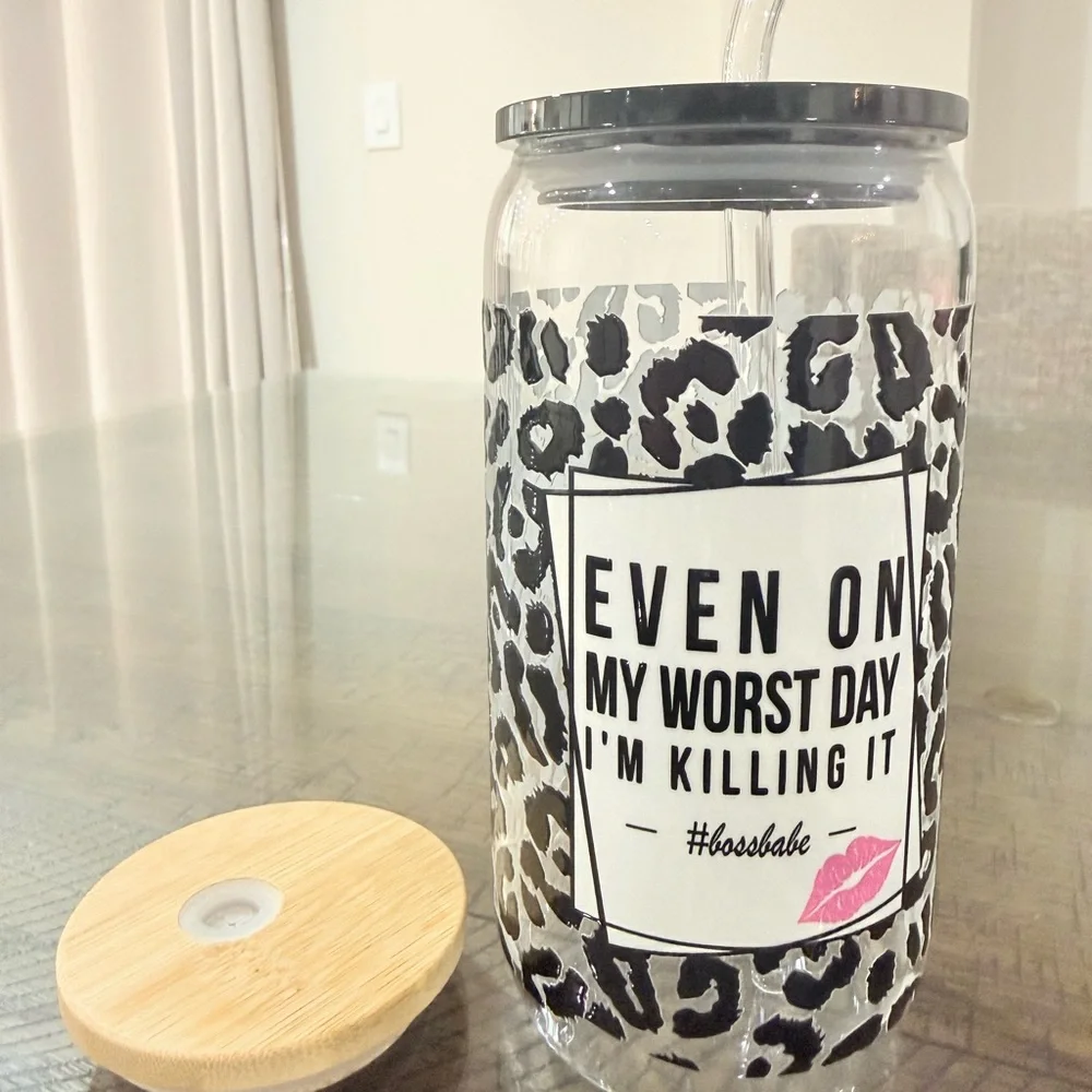 Handmade glass 16 ounce Motivational Leopard cup Tumbler black gift extra lid